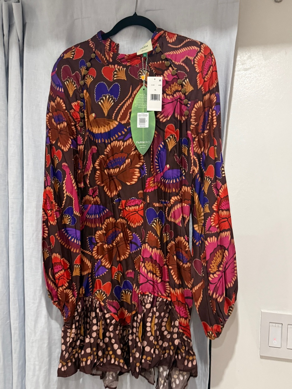FARM Rio Multicolor Floral Print Mini Dress with Puff Sleeves. NWT . Size XL